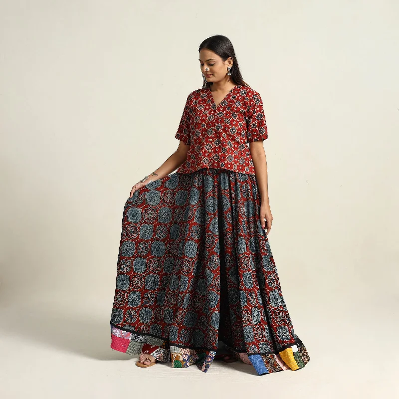 Multicolor - Hand Block Printed Cotton Long Ajrakh Skirt 18 lace skirt intricate