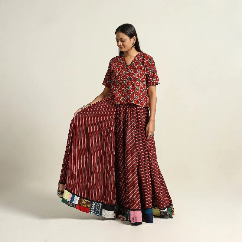 Maroon - Hand Block Printed Cotton Long Ajrakh Skirt 02 corduroy skirt textured