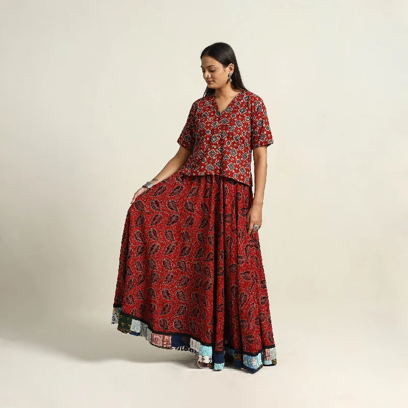 Red - Hand Block Printed Cotton Long Ajrakh Skirt 04 chiffon skirt airy