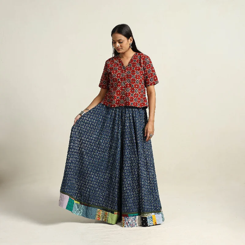 Blue - Hand Block Printed Cotton Long Ajrakh Skirt 05 wool skirt warm