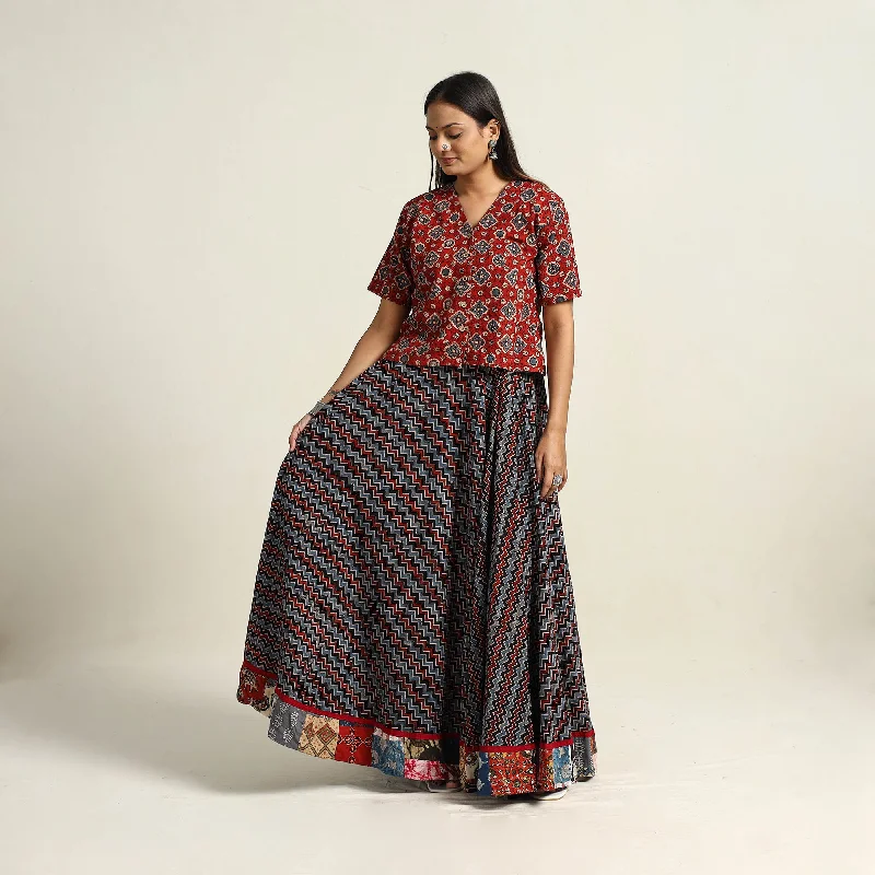 Multicolor - Hand Block Printed Cotton Long Ajrakh Skirt 06 chiffon skirt floaty