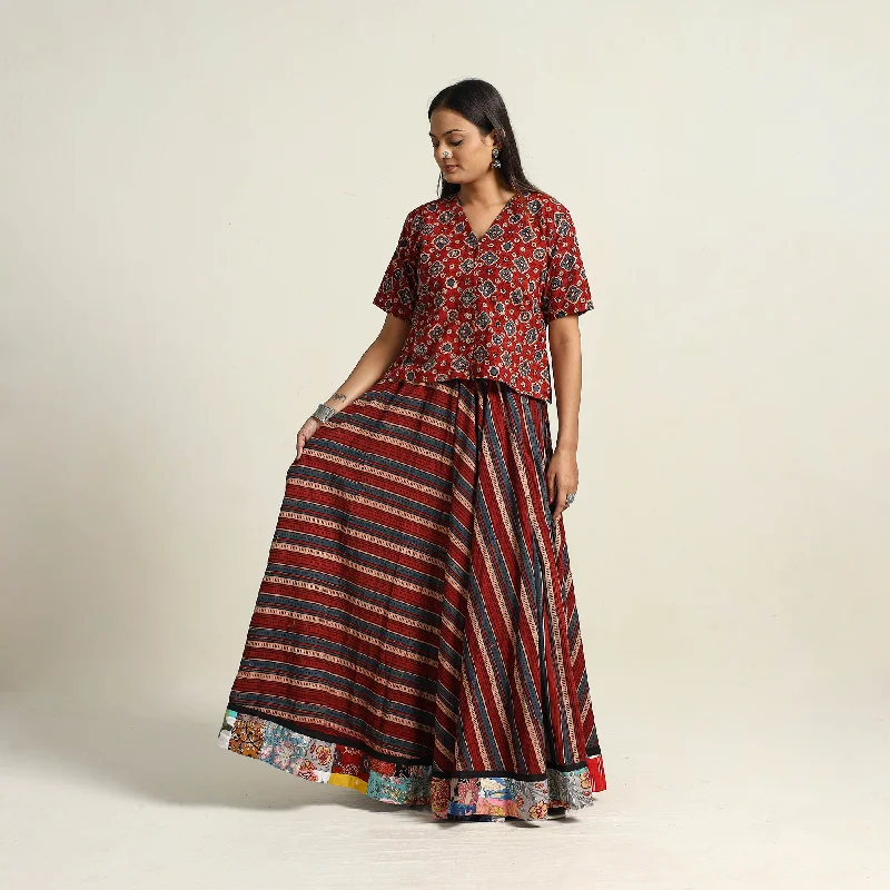 Multicolor - Hand Block Printed Cotton Long Ajrakh Skirt 07 tiered skirt playful