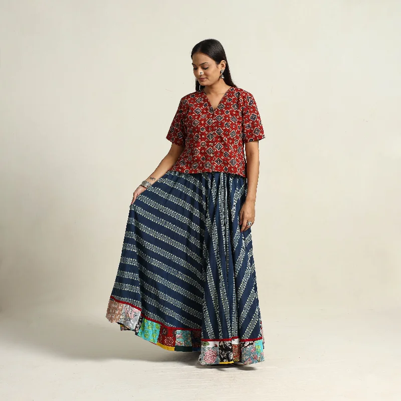 Blue - Hand Block Printed Cotton Long Ajrakh Skirt 09 summer skirt style