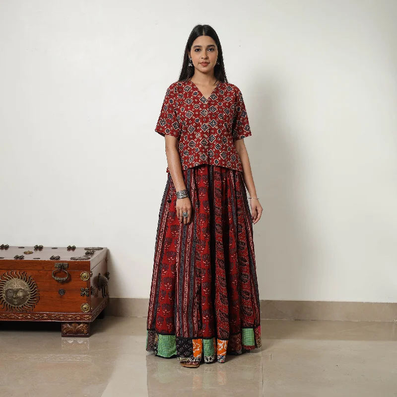 Red - Block Print Cotton 24 Kali Patchwork Ajrakh Long Skirt 11 summer skirt style