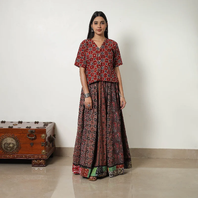 Brown - Block Print Cotton 24 Kali Patchwork Ajrakh Long Skirt 12 leather skirt bold