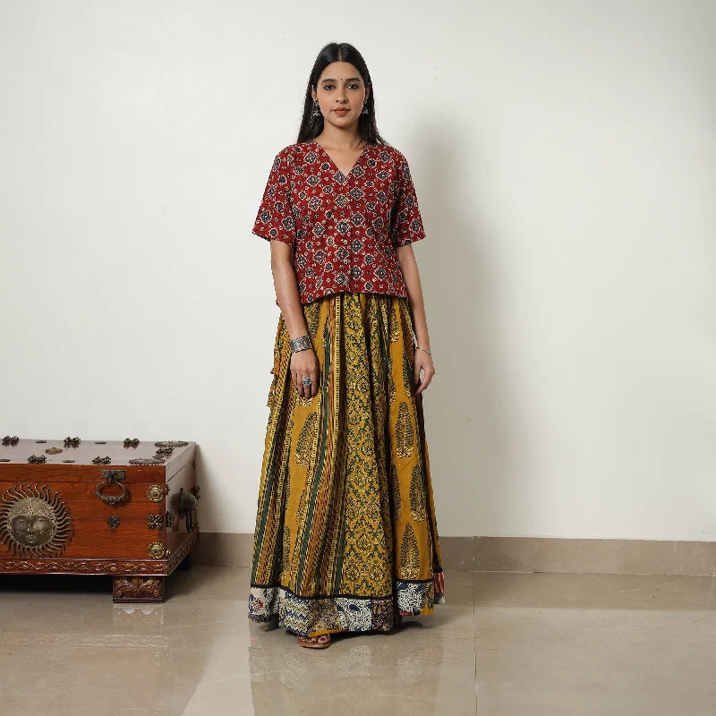 Yellow - Block Print Cotton 24 Kali Patchwork Ajrakh Long Skirt 20 cashmere skirt fine