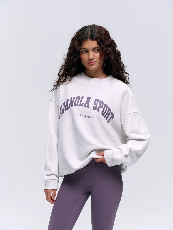 Adanola Sport Oversized Sweatshirt - Light Grey Melange/Violet Purple Hoodie with Emblem Brand Identity Adanola Sport Oversized Sweatshirt - Light Grey Melange/Violet Purple Hoodie with Emblem Brand Identity