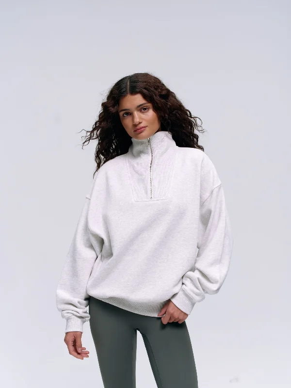 Relaxed Funnel Neck Zip Sweatshirt - Light Grey Melange Hoodie with Button Placket Classic Preppy Relaxed Funnel Neck Zip Sweatshirt - Light Grey Melange Hoodie with Button Placket Classic Preppy