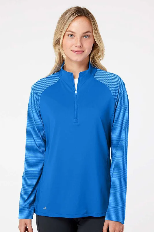 Adidas Womens Stripe Block Moisture Wicking 1/4 Zip Sweatshirt - Glory Blue Hoodie with Pocket Utility Practical Adidas Womens Stripe Block Moisture Wicking 1/4 Zip Sweatshirt - Glory Blue Hoodie with Pocket Utility Practical