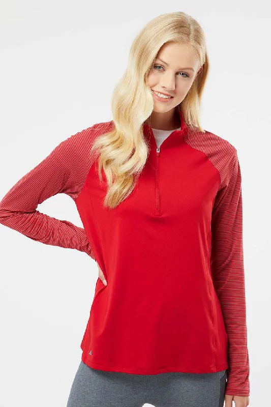Adidas Womens Stripe Block Moisture Wicking 1/4 Zip Sweatshirt - Team Power Red Hoodie with Snap Buttons Easy Quick Adidas Womens Stripe Block Moisture Wicking 1/4 Zip Sweatshirt - Team Power Red Hoodie with Snap Buttons Easy Quick