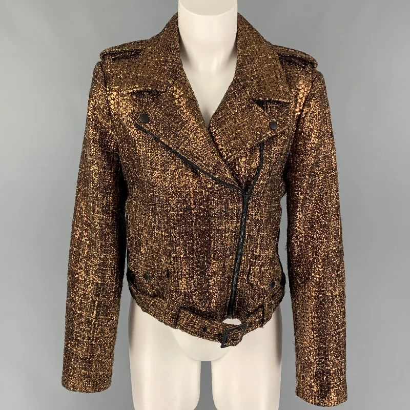 ALICE + OLIVIA Size 8 Gold Black Polyester Blend Textured Jacket Denim Jacket Leather Jacket Suede Jacket