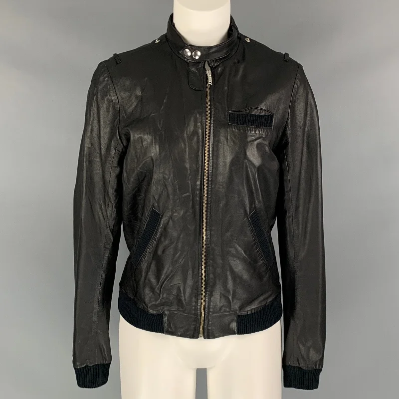 BAND OF OUTSIDERS Size M Black Leather Solid Zip Up Jacket Chenille Jacket Brocade Jacket Lace Jacket