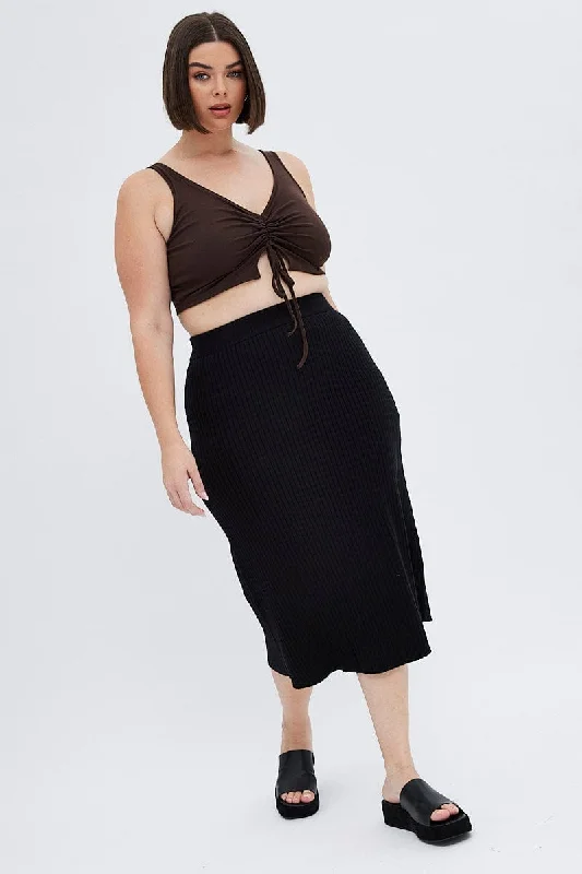 Black Knit Skirt Elastic Waist Midi Flare Rib leather skirt sleek