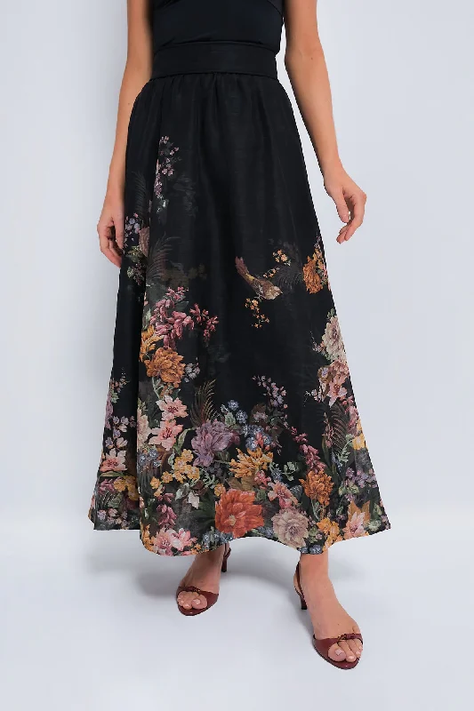 Black Multi Floral Pavilion Gathered Midi Skirt velvet skirt rich