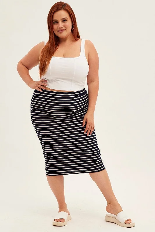 Blue Stripe Midi Skirt High Waist athletic skirt fit