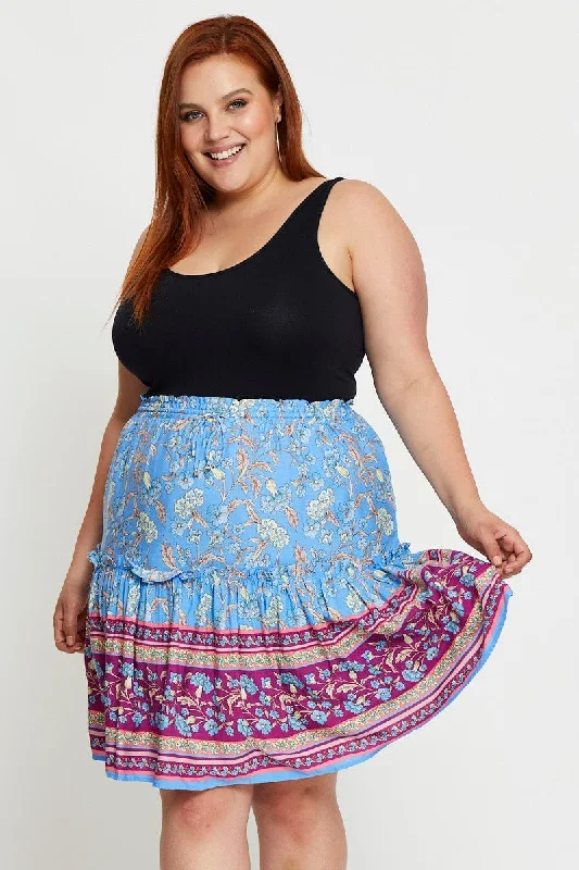 Boho Print Mini Skater Skirt Elastic Waist tiered skirt playful