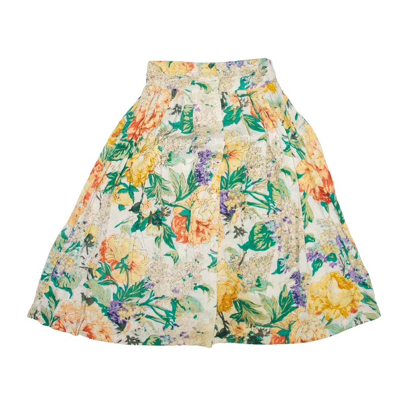 BOOM Knee Length Flare Skirt Green Floral Womens M linen skirt airy