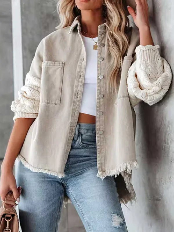 Cable Knit Sleeve Denim Jacket Button Up long sleeve Jean Jacket Zip Front Button Front Snap Front