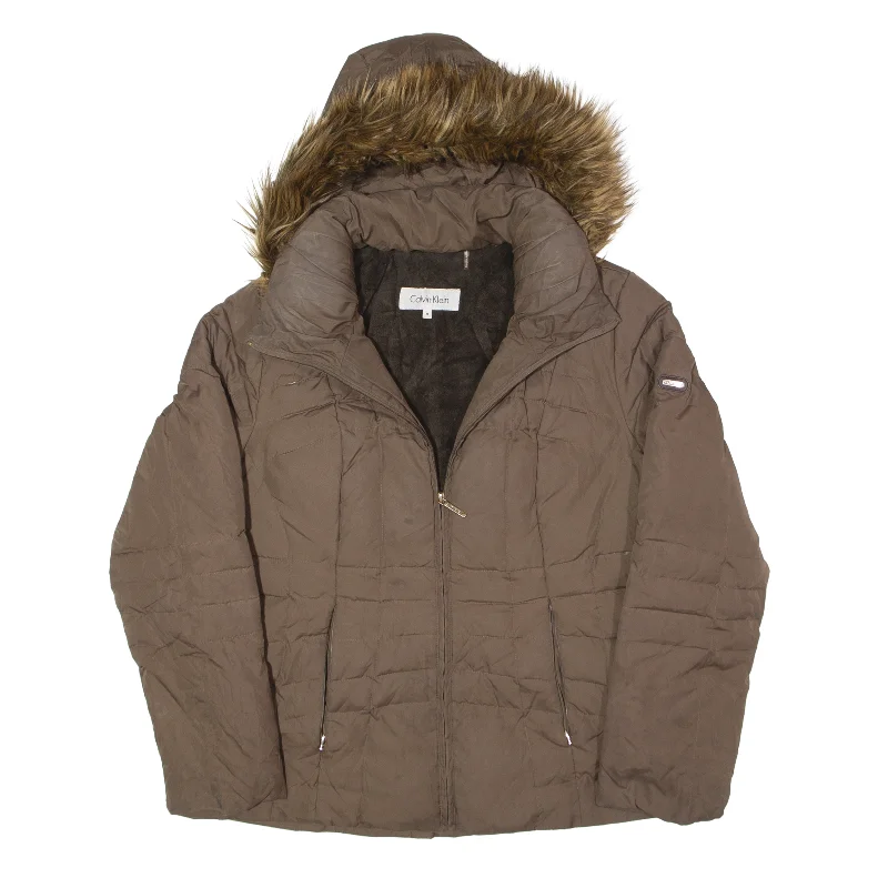 CALVIN KLEIN Fleece Lined Down Insulated Puffer Jacket Brown Womens M Herringbone Jacket Checkered Jacket Solid Jacket