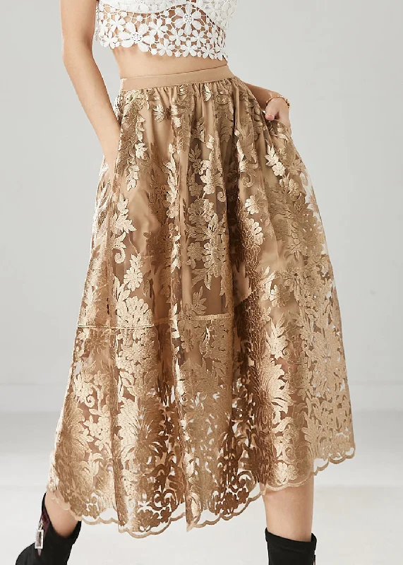 Casual Brown Embroidered Tulle A Line Skirts Spring silk skirt lustrous