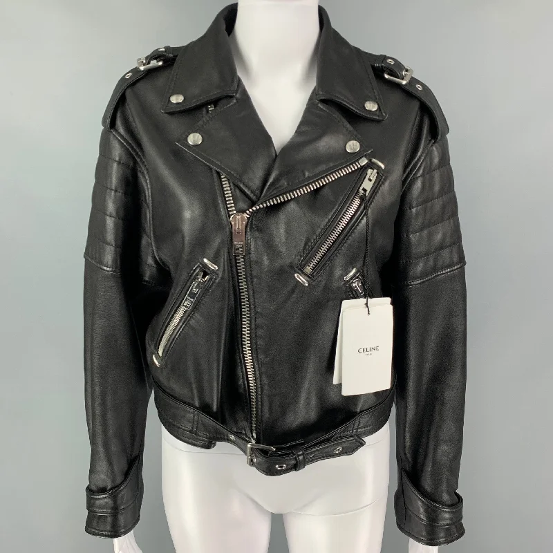 CELINE Size 6 Black Leather Motorcycle Cropped Jacket Wool Jacket Cashmere Jacket Tweed Jacket