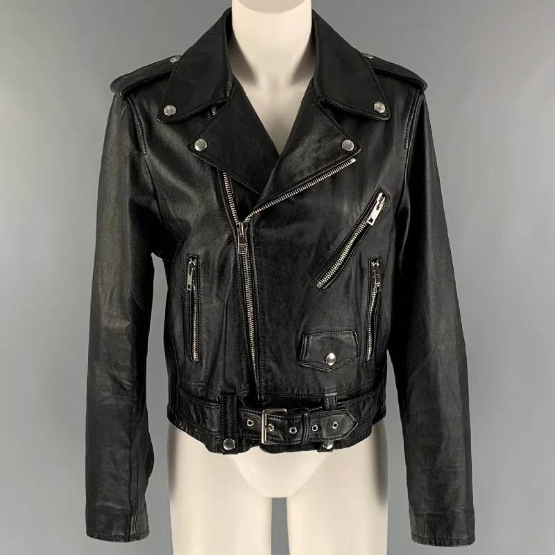 CELINE Size 8 Black Calf Motorcycle Jacket Jersey Jacket Tulle Jacket Batik Jacket