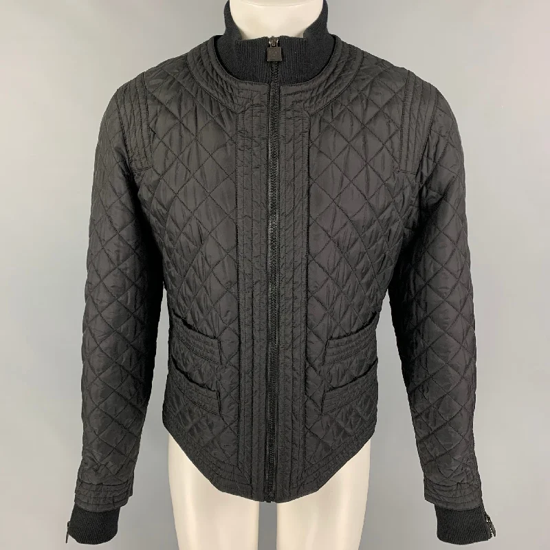 CHANEL FW 05 Size 18 Black Polyamide Blend Quilted Zip Fly Jacket Zip Front Button Front Snap Front