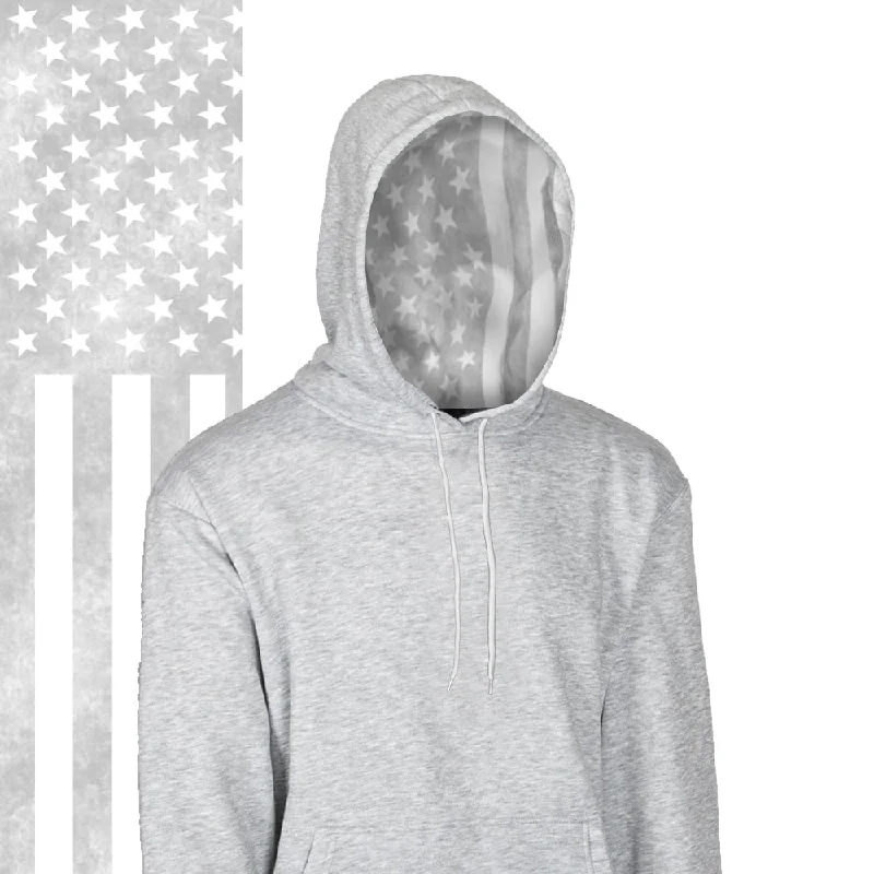 Classic Lined Hoodie | Ghost American Flag | Light Heather Grey Hoodie with Pocket Utility Practical Classic Lined Hoodie | Ghost American Flag | Light Heather Grey Hoodie with Pocket Utility Practical
