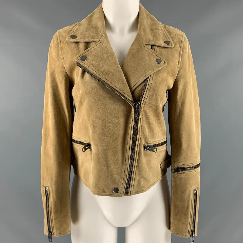 COACH Size 2 Tan Suede Lamb Skin Biker Jacket Hooded Jacket Caped Jacket Shawl Collar Jacket