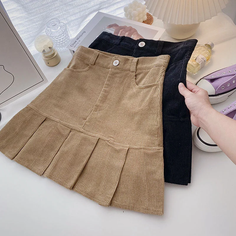 Corduroy Mermaid Pleated Skirt (2 Colors) wool skirt warm