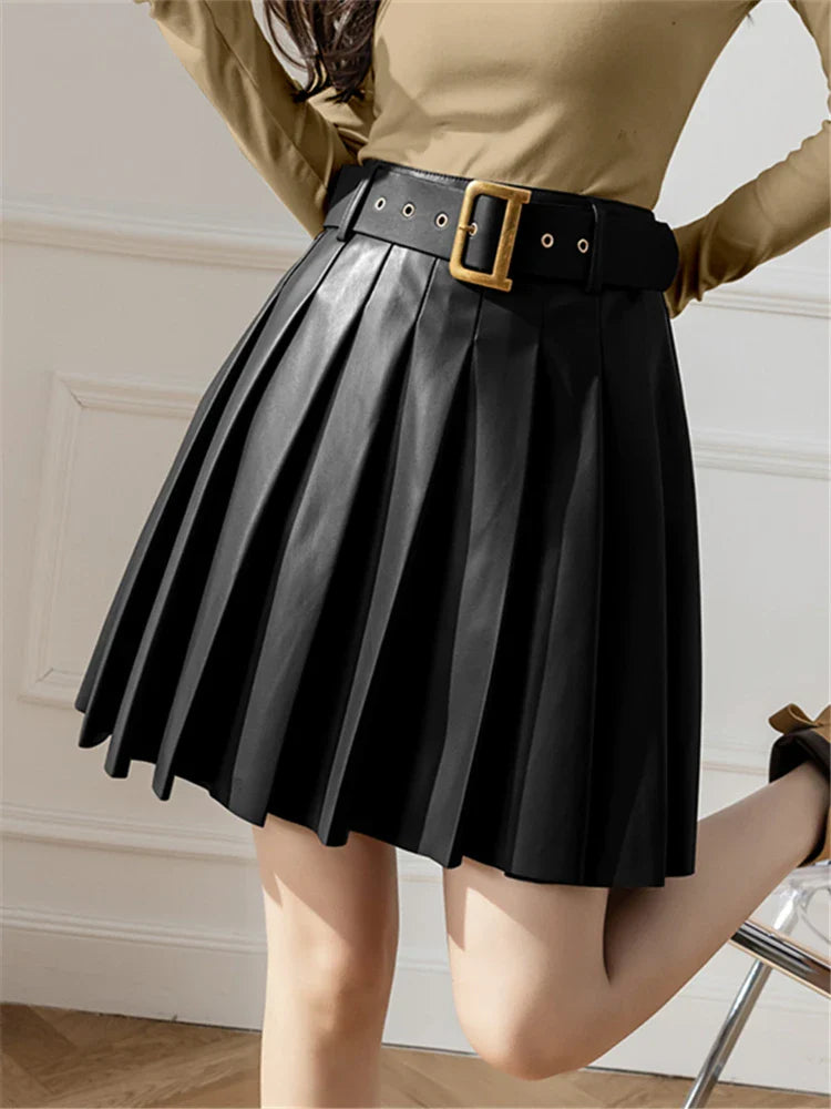 Faux Pleated Women's With Belted 2024 New Sexy Mini Autumn Winter Skirt linen skirt breathable