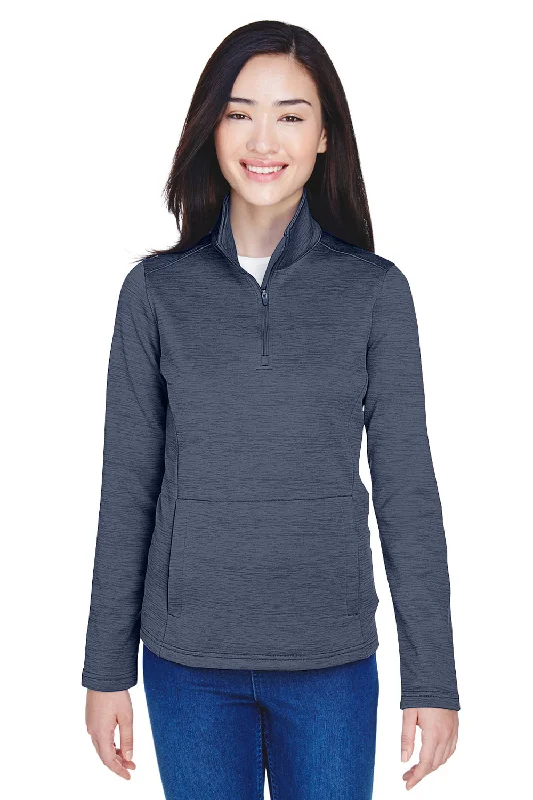 Devon & Jones Womens Newbury Fleece 1/4 Zip Sweatshirt w/ Pouch Pocket - Heather Navy Blue Hoodie with Puffed Sleeves Voluminous Trendy Devon & Jones Womens Newbury Fleece 1/4 Zip Sweatshirt w/ Pouch Pocket - Heather Navy Blue Hoodie with Puffed Sleeves Voluminous Trendy