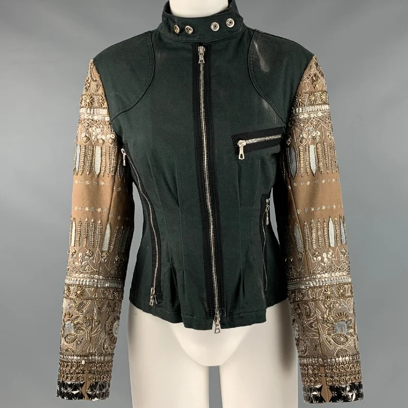 DRIES VAN NOTEN Size 6 Beige Green Cotton Elastane Beaded Jacket Zippered Front Buttoned Front Snap Front