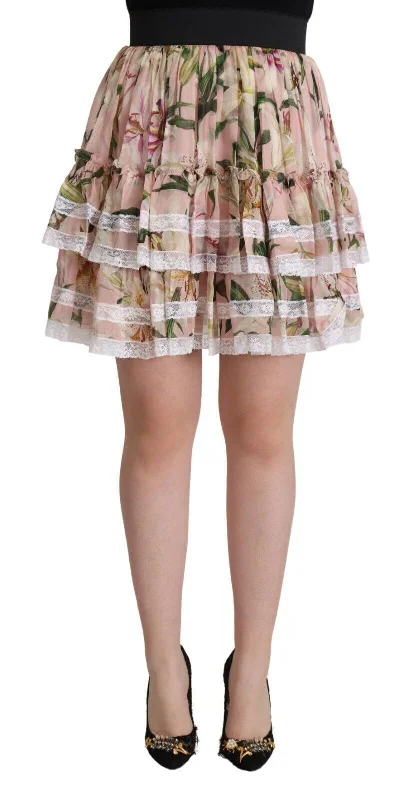 Dolce & Gabbana Elegant Lily Print Tiered A-Line Mini Skirt cashmere skirt soft