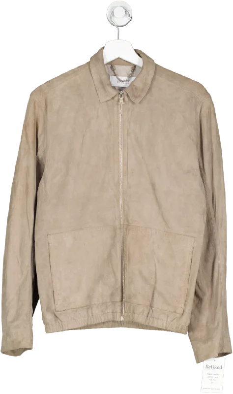 enlist Beige Suede Bomber Jacket UK XS Welt Pockets Slit Pockets Flap Pockets