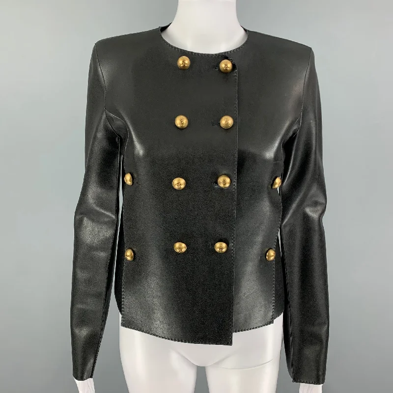 ERMANNO SCERVINO Size 2 Black Polyamide Faux Leather Jacket Welt Pockets Slit Pockets Flap Pockets