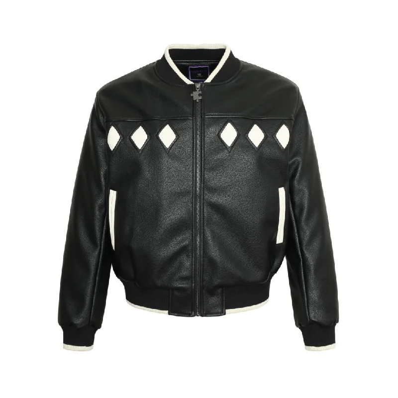 Eye-Catching Diamond Color Clash Leather Baseball Jacket Denim Fabric Leather Fabric Suede Fabric