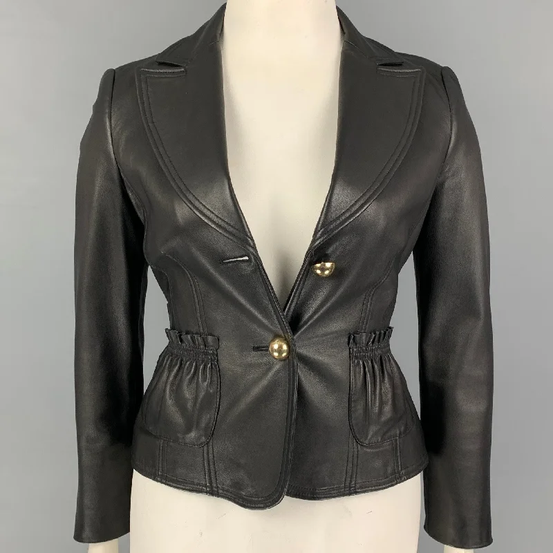 FERAUD Size 8 Black Leather Single Breasted Jacket Zip Front Button Front Snap Front