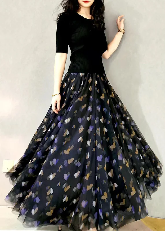 French Black Print Elastic Waist Exra Large Hem Tulle Skirt Spring chiffon skirt floaty