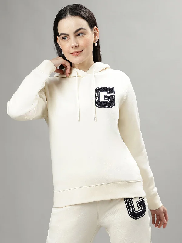Gant Women Cream Solid Hooded Long Sleeves Sweatshirts Hoodie with Patch Decorative Personalized Gant Women Cream Solid Hooded Long Sleeves Sweatshirts Hoodie with Patch Decorative Personalized