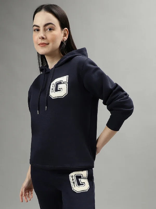 Gant Women Navy Blue Solid Hooded Long Sleeves Sweatshirts Hoodie with Hem Raw Edge Edgy Unfinished Gant Women Navy Blue Solid Hooded Long Sleeves Sweatshirts Hoodie with Hem Raw Edge Edgy Unfinished