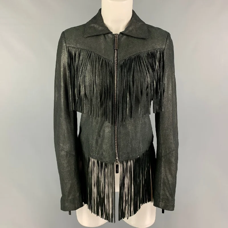 GIL SANTUCCI Size 4 Charcoal Lamb Leather Fringe Jacket Front Pockets Side Pockets Patch Pockets