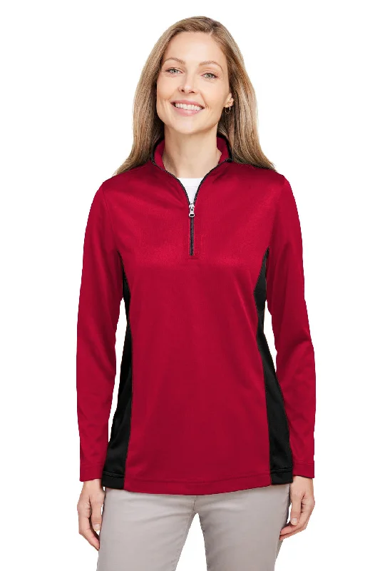 Harriton Womens Flash Performance Moisture Wicking Colorblock 1/4 Zip Sweatshirt - Red/Black Hoodie with Snap Buttons Easy Quick Harriton Womens Flash Performance Moisture Wicking Colorblock 1/4 Zip Sweatshirt - Red/Black Hoodie with Snap Buttons Easy Quick