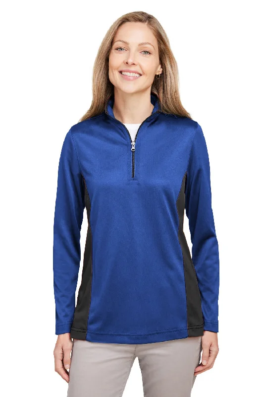 Harriton Womens Flash Performance Moisture Wicking Colorblock 1/4 Zip Sweatshirt - True Royal Blue/Black Hoodie with Double Zipper Versatile Adjustable Harriton Womens Flash Performance Moisture Wicking Colorblock 1/4 Zip Sweatshirt - True Royal Blue/Black Hoodie with Double Zipper Versatile Adjustable