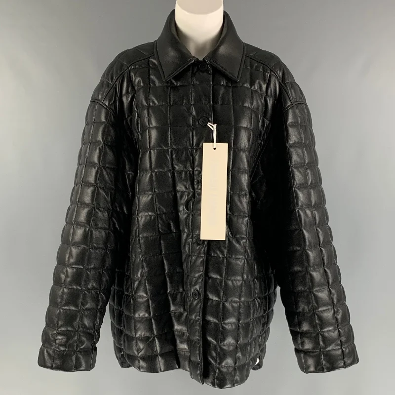 IENKI IENKI Size XS Black Polyester Blend Quilted Faux Leather Jacket Tiered Jacket Buttoned Jacket Zippered Jacket