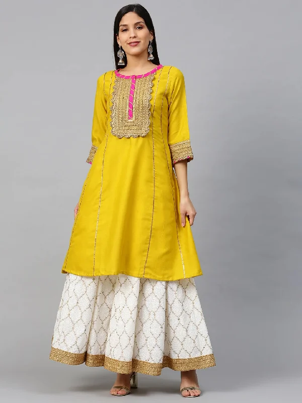 Women's  Mustard & White Gotta Patti Striped Kurta With Block Printed Skirt - Wahe-NOOR wool skirt sturdy