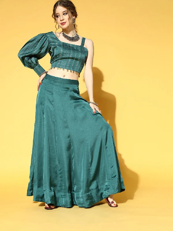 Women's Green & Beige Printed Top & Skirt - Yufta linen skirt relaxed