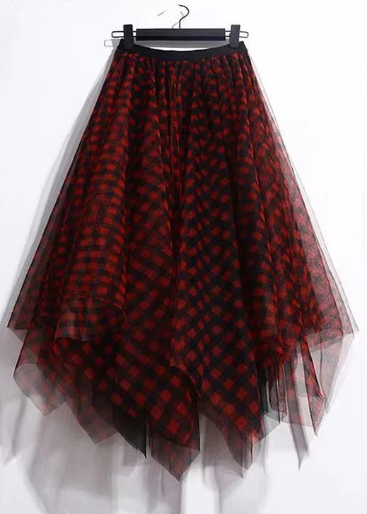 Loose Red Plaid Print Elastic Waist Tulle Skirt Summer linen skirt breathable