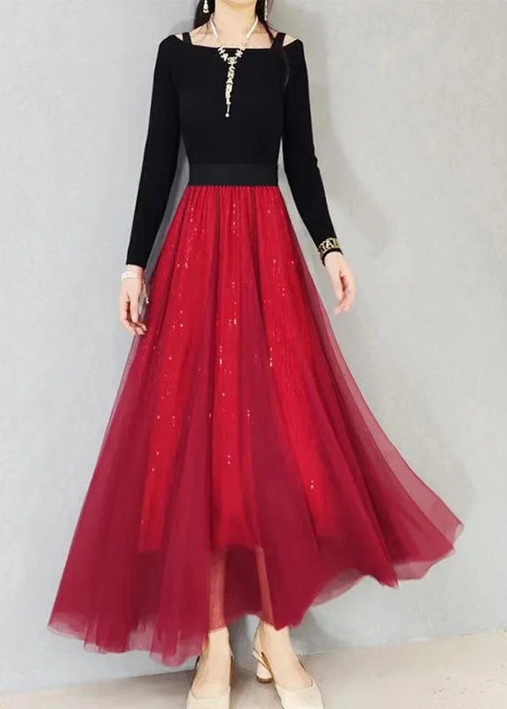 Loose Red Sequins Exra Large Hem Tulle Skirts Spring zip skirt side