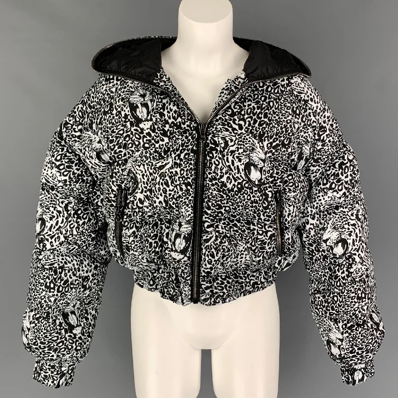 MARCELL VON BERLIN Size 4 Black White Polyester Animal Cropped Jacket Toggled Jacket Drawstring Jacket Belted Jacket